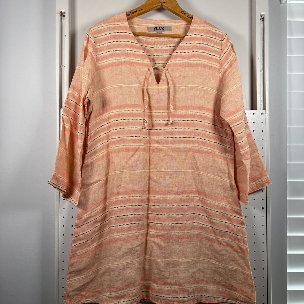 Flax Tunic Top Womens P Peach Striped 100% Linen Tie‎ V-Neck Coastal Lagenlook
